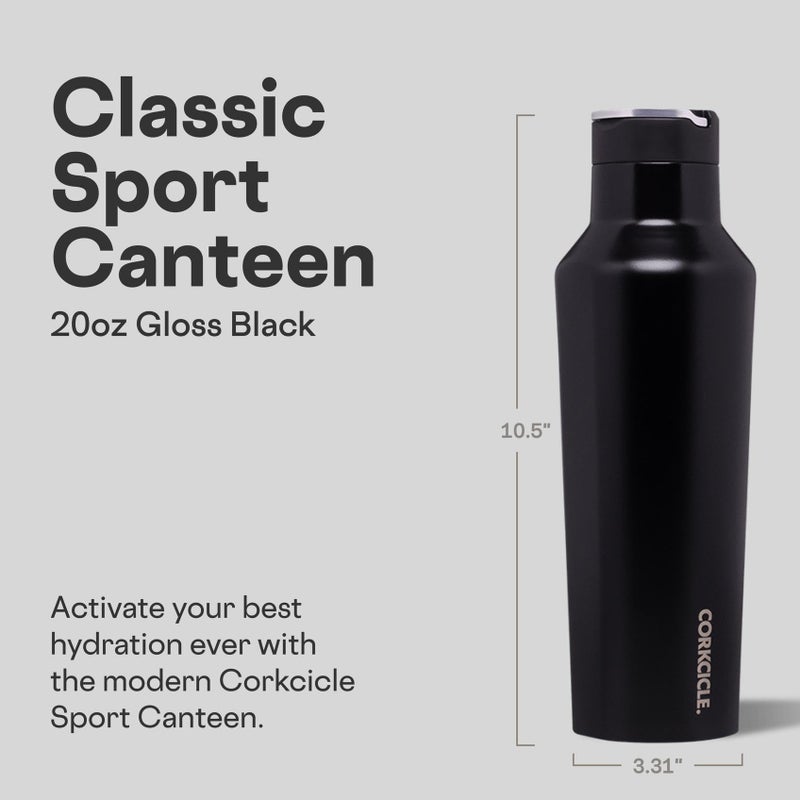Corkcicle Sport Canteen - Keeps Drinks Cold 25 Hours - Stainless Steel Water Bottle - Triple-Insulated - Spill-Proof - Summer Drinkware Gift - Keeps Drinks Ice Cold - 20 oz - Gloss Black - Image 2